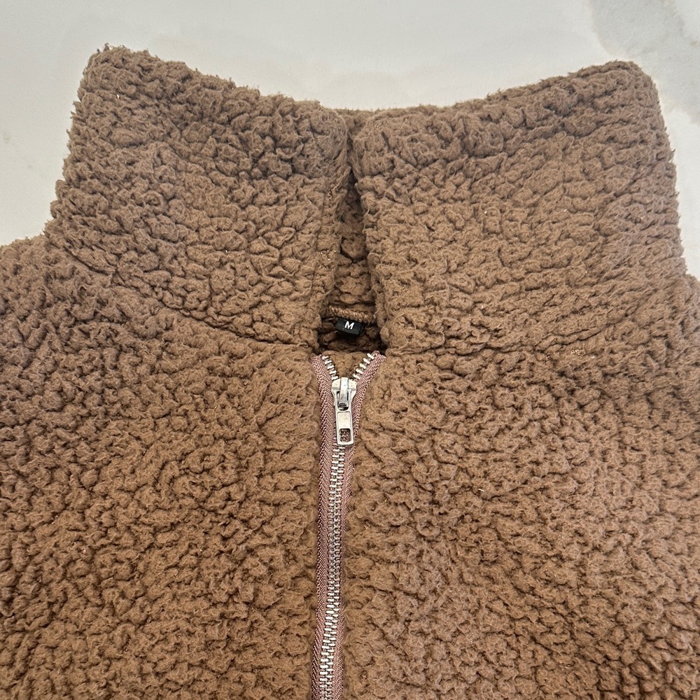 TEDDY BEAR JACKET Cozy Brown Sherpa zip pockets Layering Roomie Coat Sz M - Picture 10 of 12